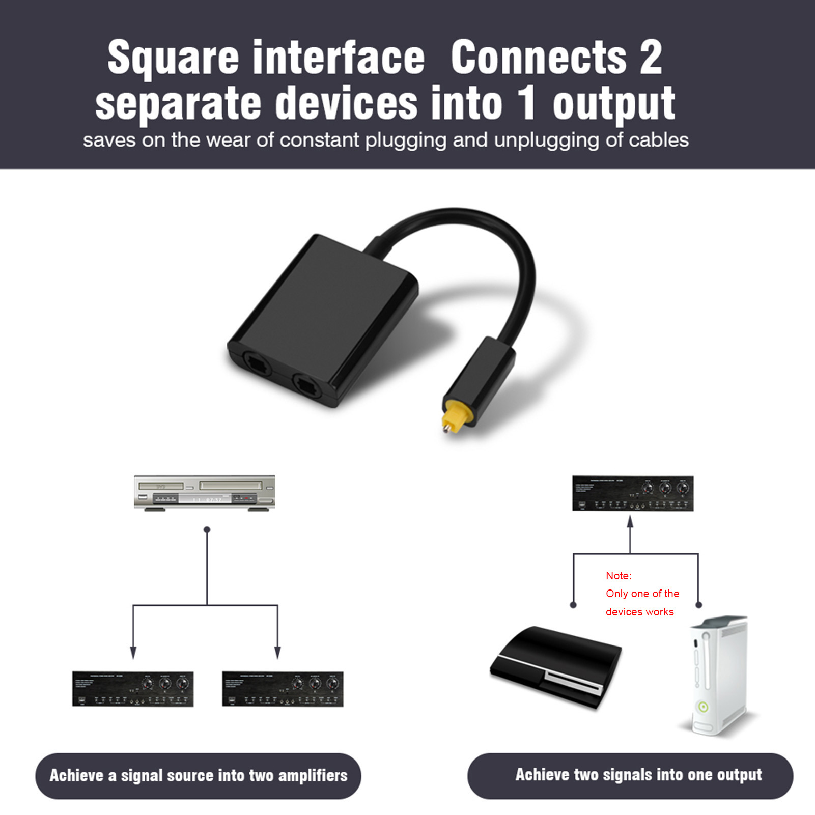 Optical Fiber Splitter 1 in 2 Out Audio Adapter Cable Digital Optical Splitter Cable