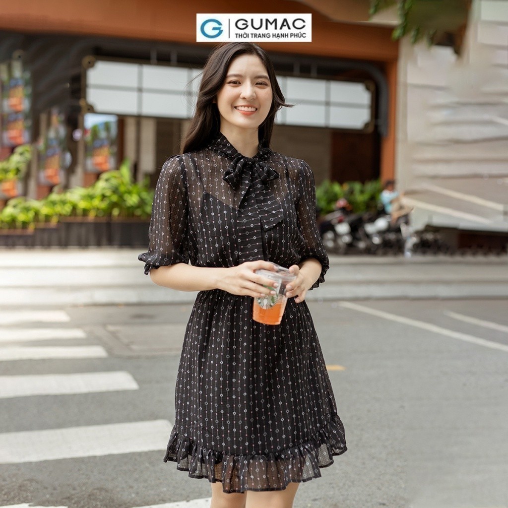 [15 - 17.6 |Voucher 8-15%] Đầm nữ bèo smocking eo thắt nơ cổ GUMAC DD05069