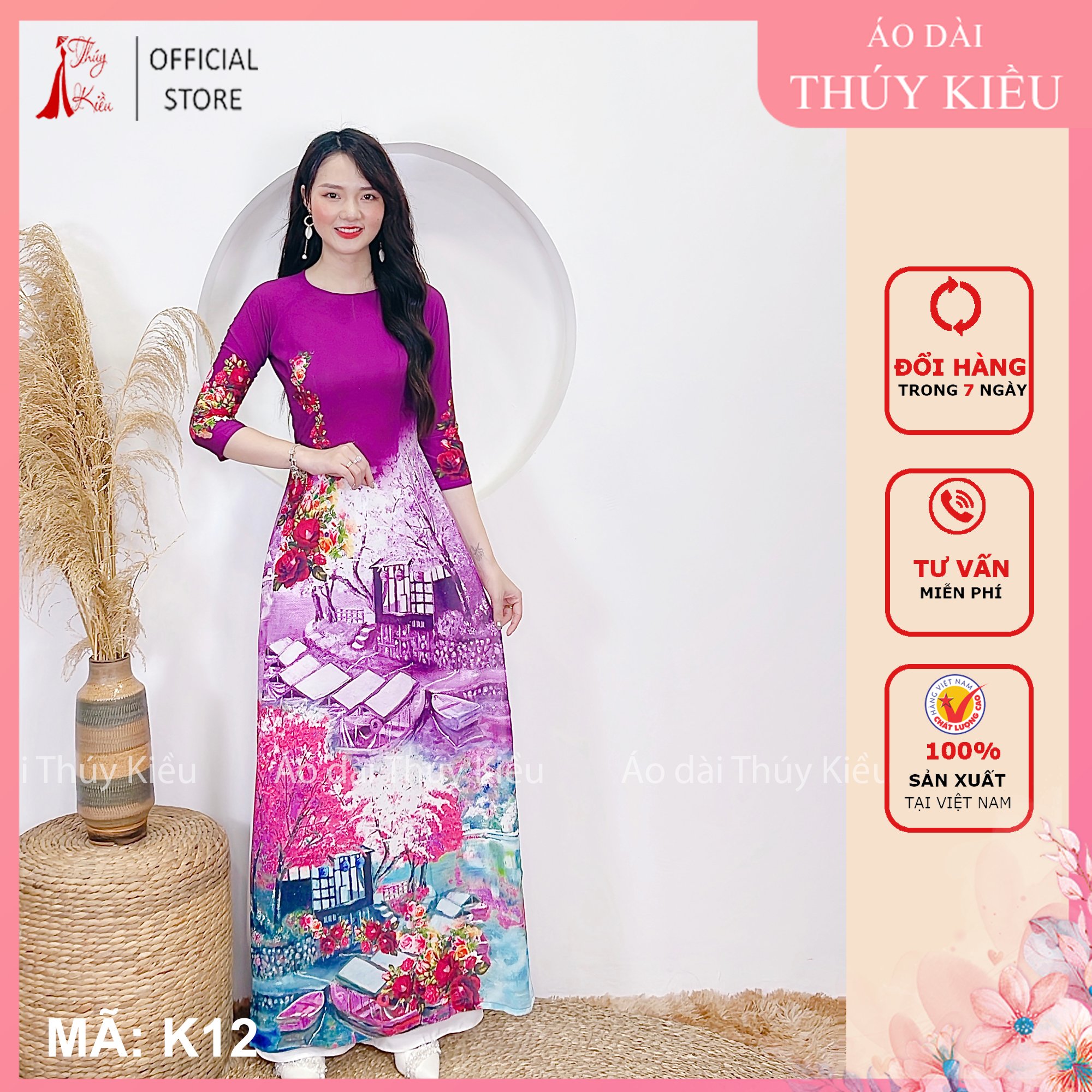 Áo dài nữ truyền thống thiết kế may sẵn tết cách tân nữ tím phong cảnh K12 Thúy Kiều mềm mại co giãn áo dài giá rẻ
