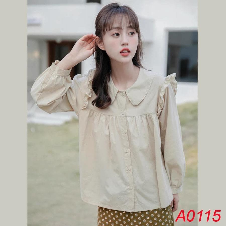 Áo sơ mi kiểu cổ tròn phối bèo vai dễ thương