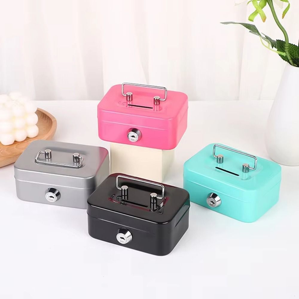 Creative Mini Lockable Cash Box with Key Sturdy Construction Money Safe Case with Handle Metal Lock Box Home Use. 
