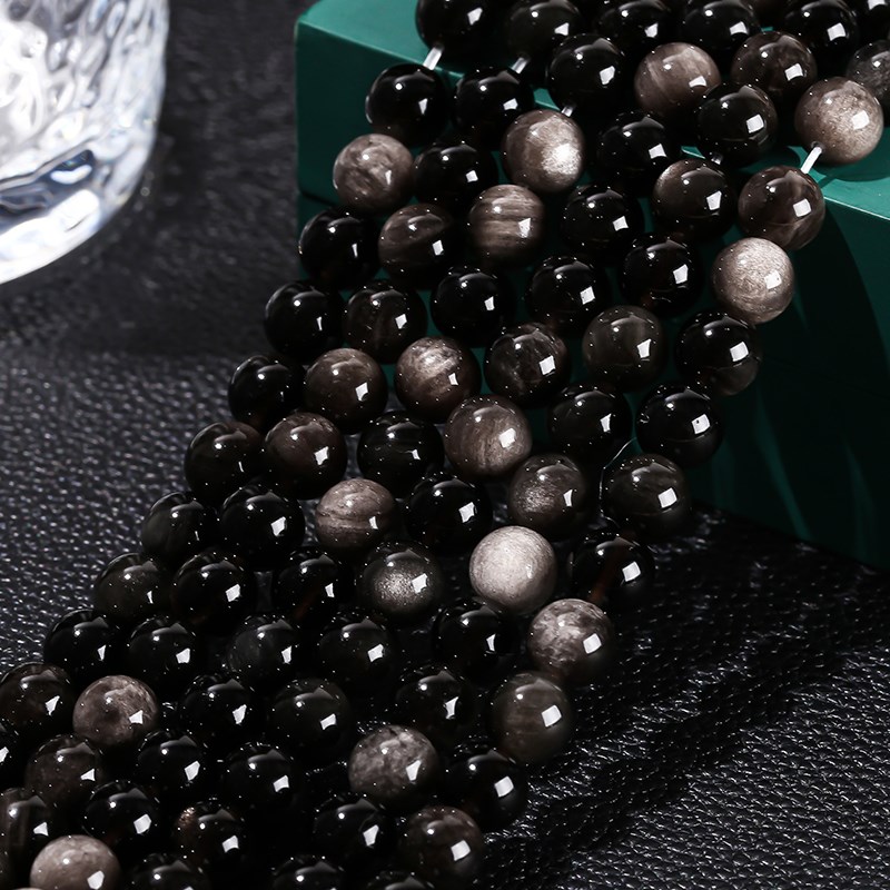 7A Quality Natural Stone Silver Irisation Obsidian Bead Round Loose ...
