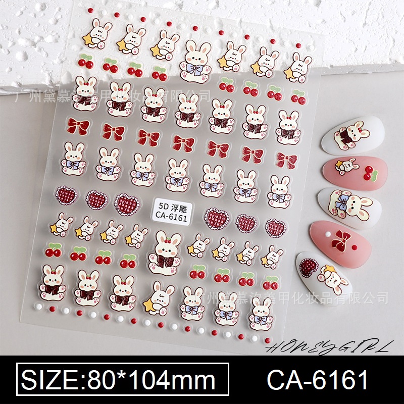 Sticker nail 5d lụa nổi | thỏ & gấu kem | hình dán móng tay ca