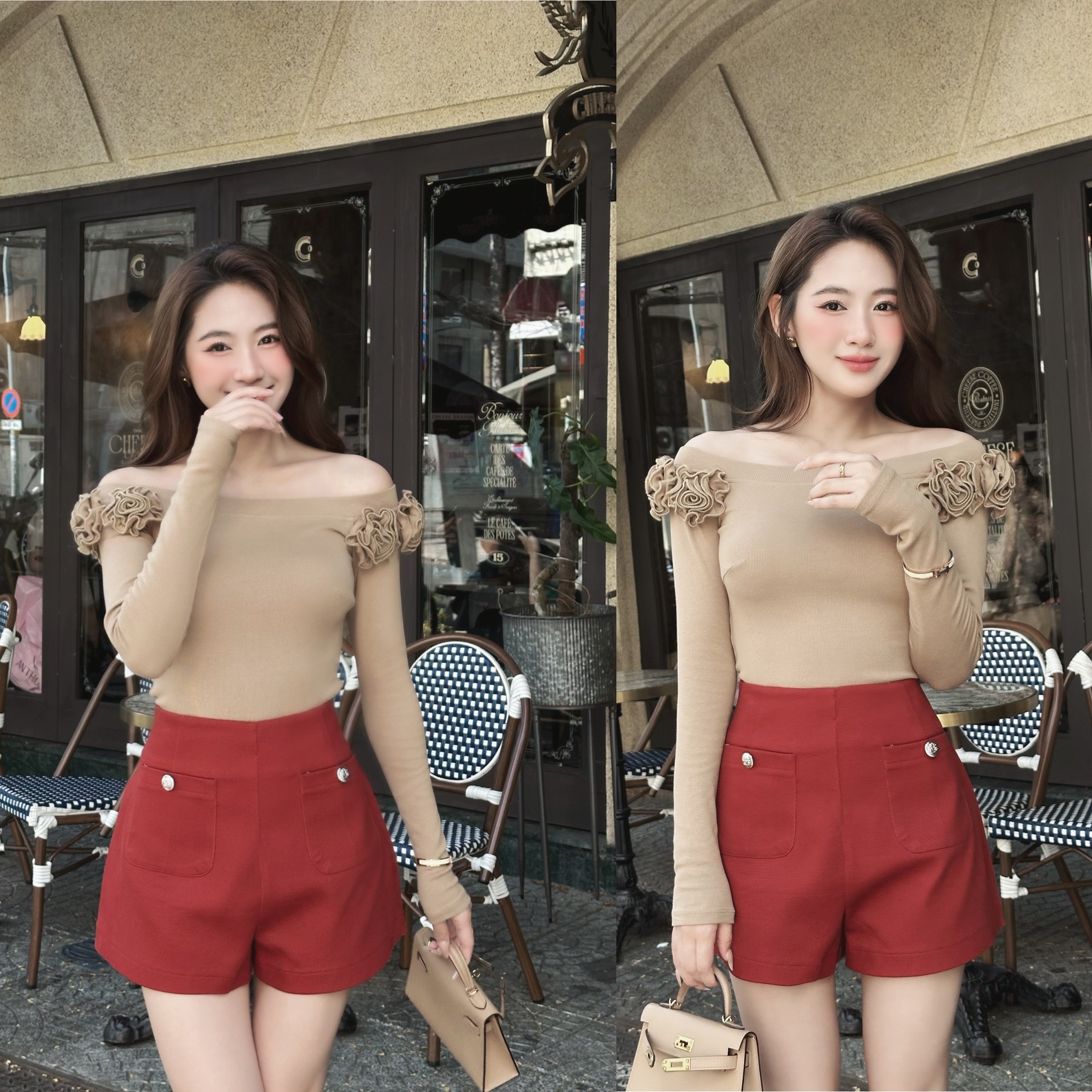 Áo bẹt vai hoa tay dài cocobebe iu top