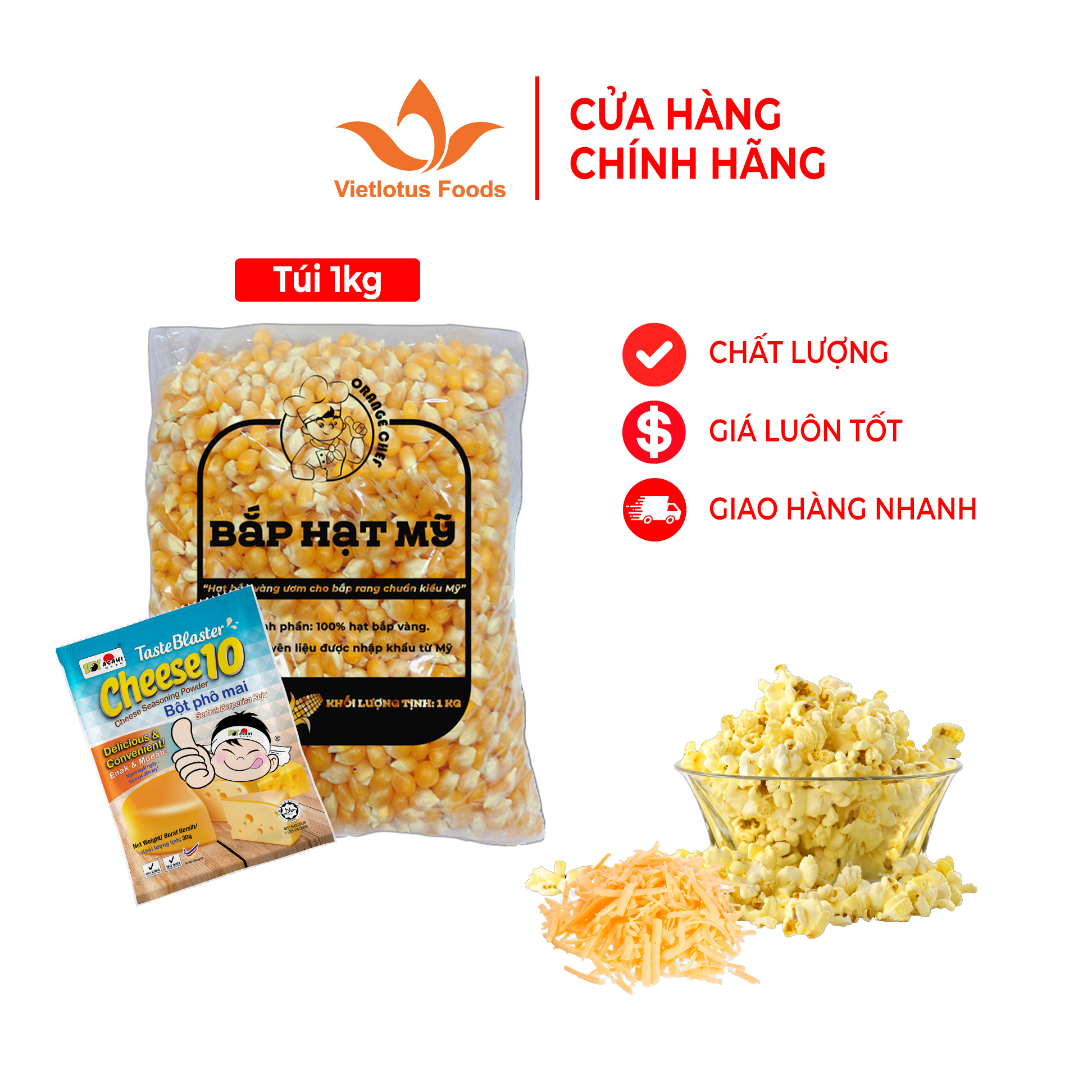 Combo Bắp rang bơ lắc Phô Mai Verozyme Malaysia (1 gói Bắp hạt Mỹ 500G + 1 gói Bột Phô mai cam Verozyme 30G)