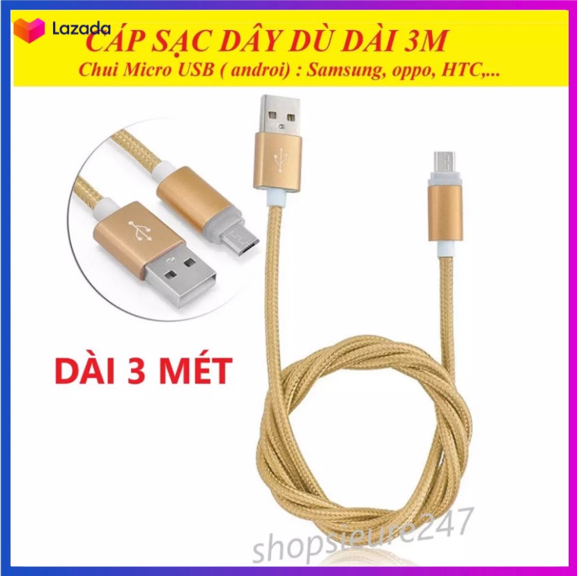 Cáp micro usb 3m 2.4a sạc nhanh cho samsung, huawei, oppo, xiaomi, cáp usb micro cho android dây điện thoại.