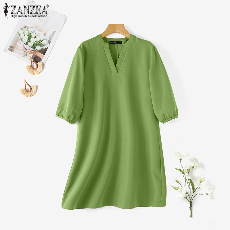ZANZEA%20Korean%20Style%20Women%20Office%203/4%20Sleeve%20A-Line%20Sundress%20V-Neck%20Solid%20Knee%20Length%20OL%20Work%20Dresses%20-%20Image%205