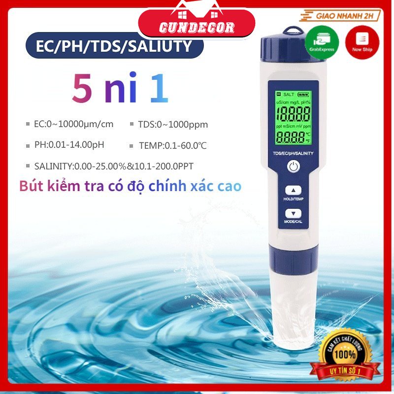 Máy Đo Độ Mặn Và Độ PH 5 Trong 1, Đèn Nền Đo Độ PH/TDS/EC/Độ MặN/Nhiệt Độ