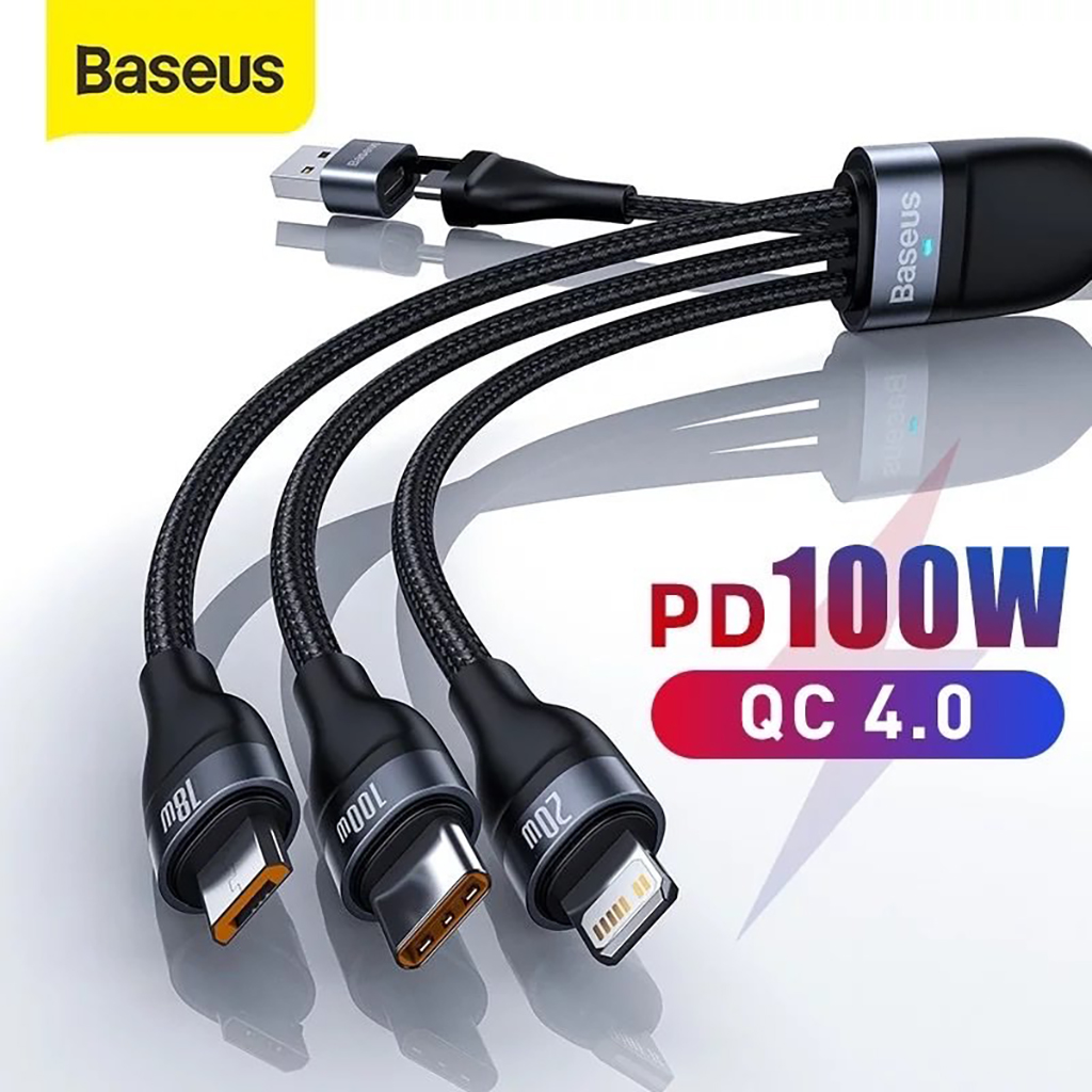 Cáp Sạc Nhanh 3 Đầu Baseus Flash Series 3 in1 Plus 100W (USB + Type C to Micro + Lightning + Type-C)