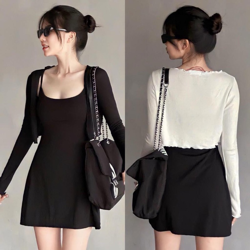 Đầm dây xoè gân trung kèm áo khoác nhẹ thu đông