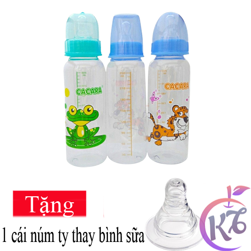Combo Bộ 3 bình sữa nhựa cổ thường 250ml Cacara Tặng 1 núm ty thay bình sữa - bình sữa cổ hẹp an toàn cho bé