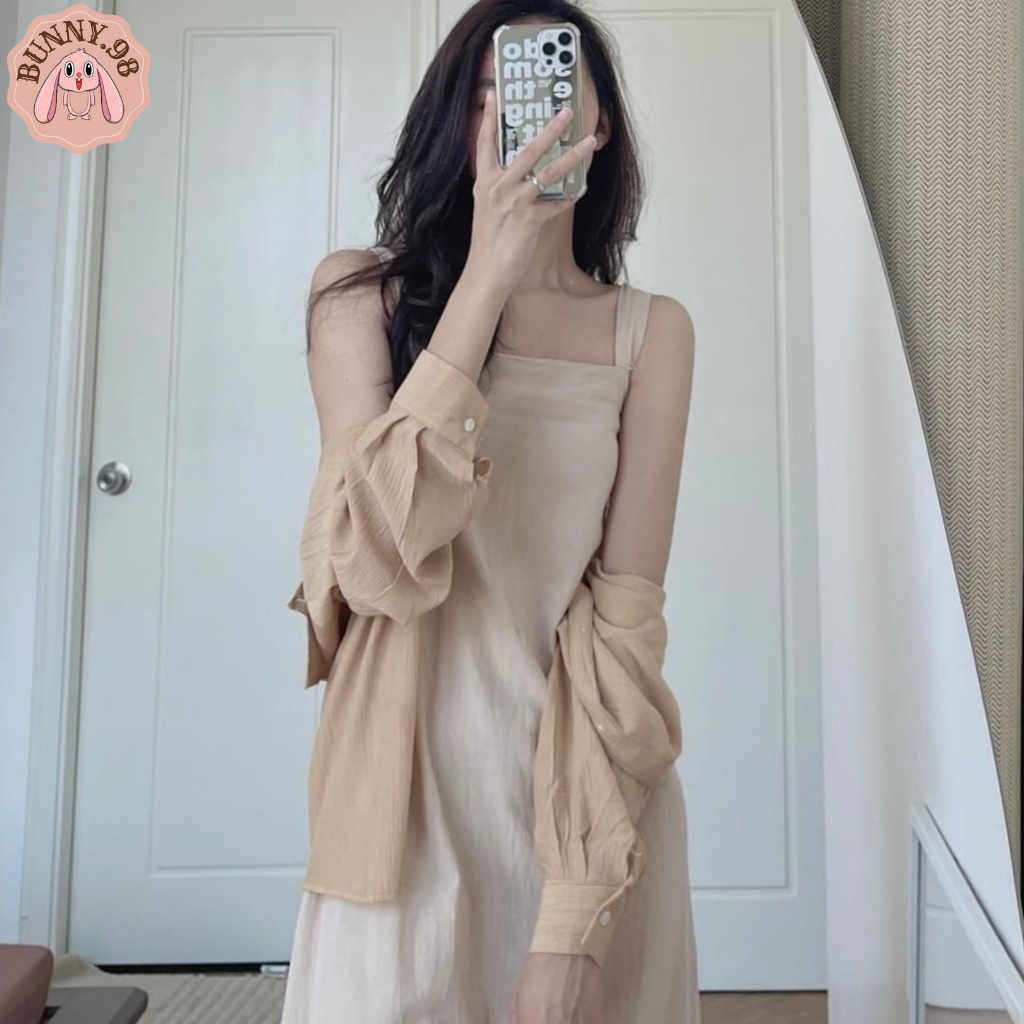 sét váy 2 dây thô đũi kèm sơ mi chất tơ nhăn