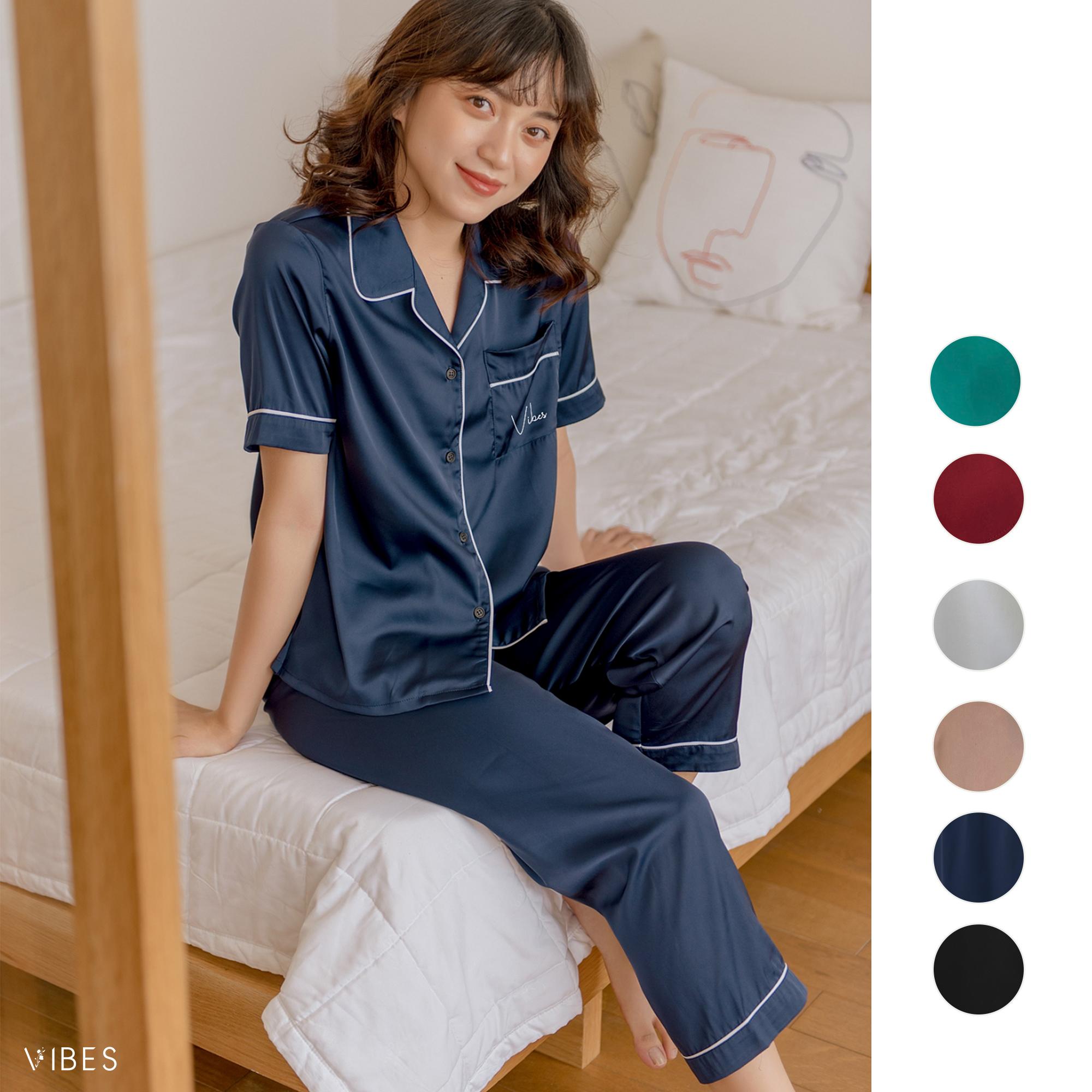 Vibes Plain Silk Long Pajamas Silk Long Py Set