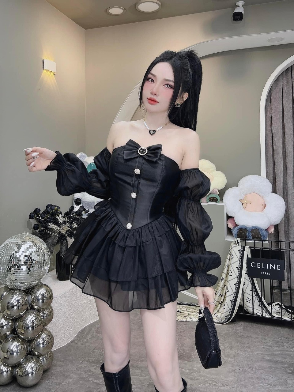 Váy đầm nữ body kiểu trễ vai phối bèo tầng dễ thương, Đầm trễ vai vải tapta capnhatxuhuong