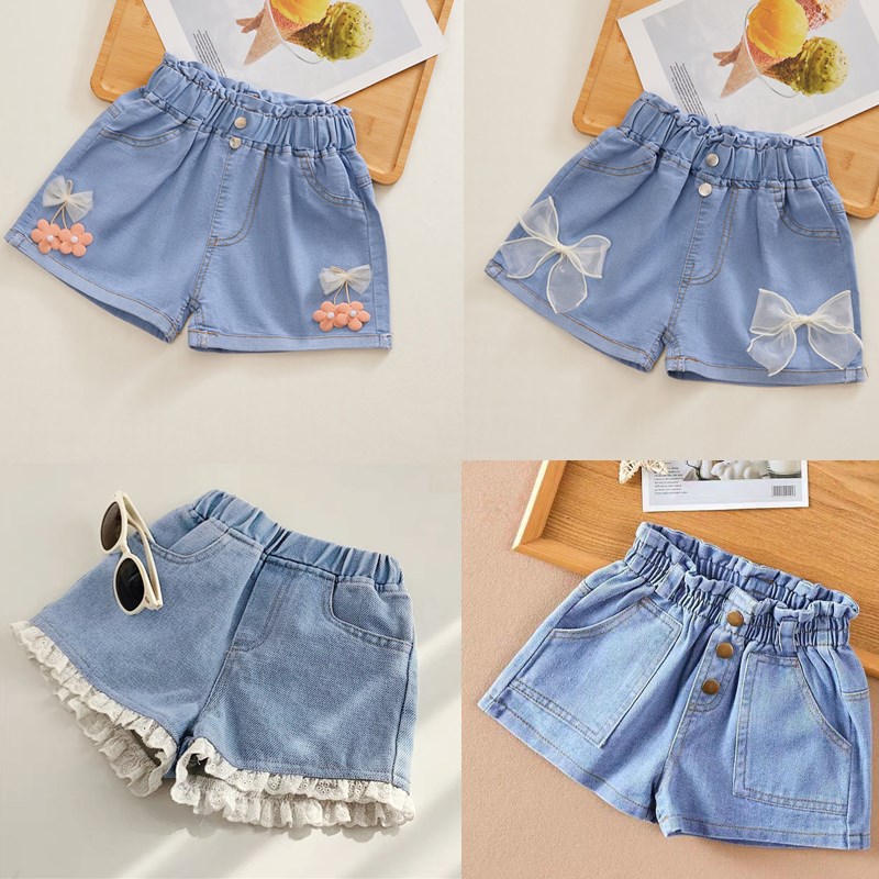 Girls Denim Shorts Summer Cartoon Fashion Cute Shorts Floral Lace All