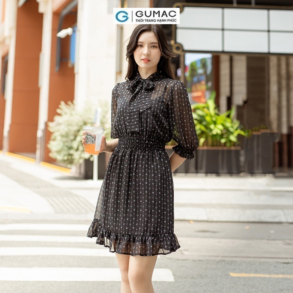 [15 - 17.6 |Voucher 8-15%] Đầm nữ bèo smocking eo thắt nơ cổ GUMAC DD05069