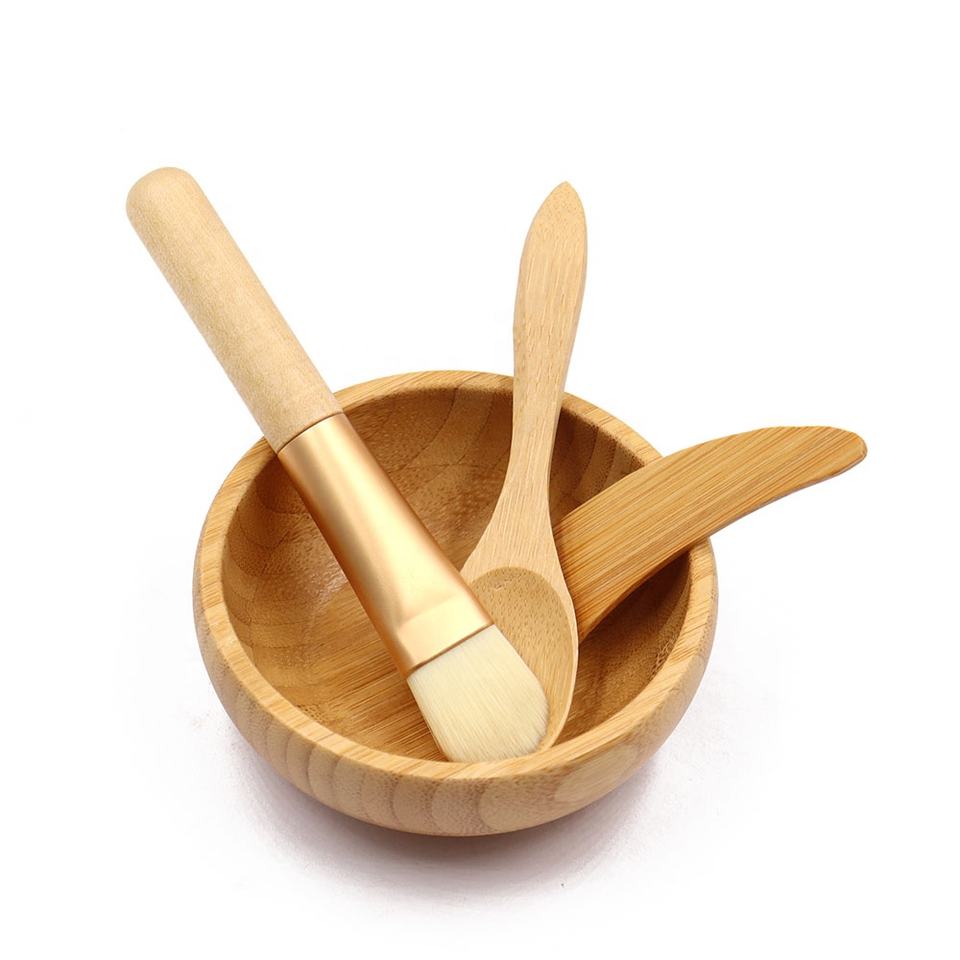 Yuanyan 1Pcs Natural Bamboo Make Up Bowls Set with Spoon and Spatual and Brush Wooden Bamboo Lipgloss Mask Clay Face Care Tool for Women. 