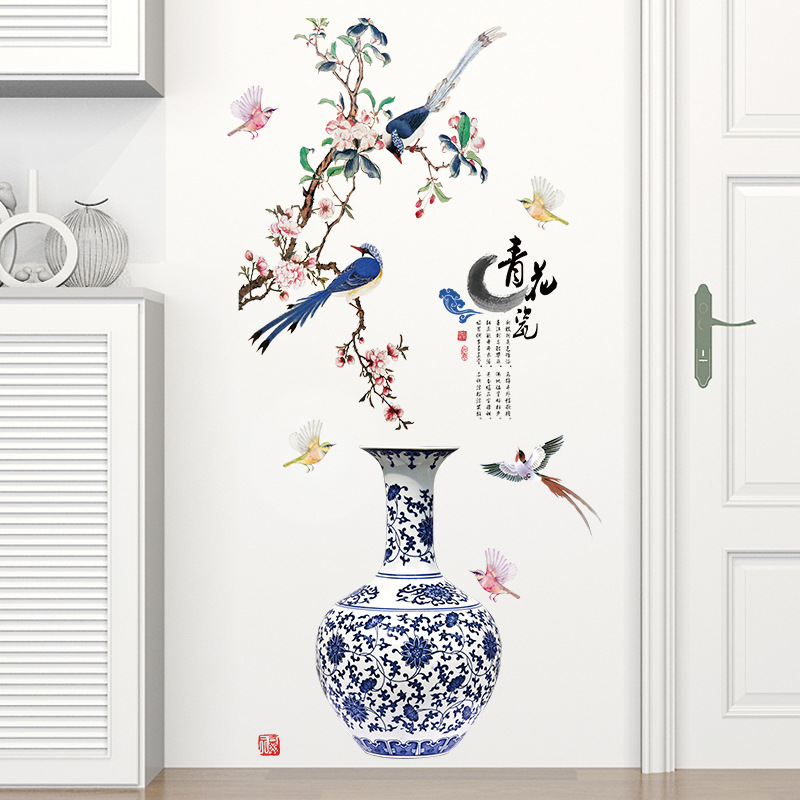 Decal dán tường tết bình hoa thổ cẩm và chim én