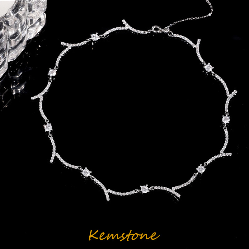 Kemstone Silver Plated Shiny Zircon Crystal Starlight Necklace Collar Chain Jewelry for Women