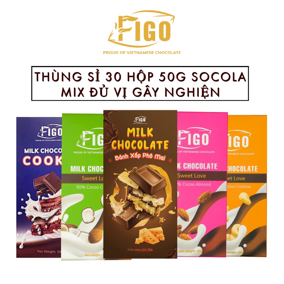 [GIÁ TỐT| 30 HỘP MIX ĐỦ 7 VỊ 50G] Chocolate 50% Cacao| Kẹo socola sữa đủ 7 vị Hạnh nhân Hạt điều Dừa Nho Phô mai FIGO