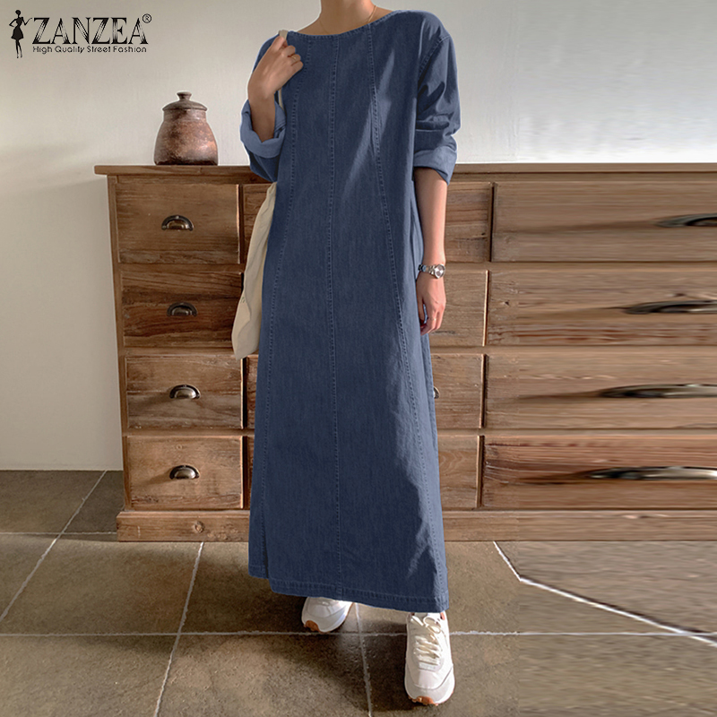ZANZEA%20Korean%20Style%20Women's%20Dresses%20New%20Fashion%20O-Neck%20Full%20Sleeve%20Buttons%20Plain%20Loose%20Denim%20Dress%20-%20Image%209