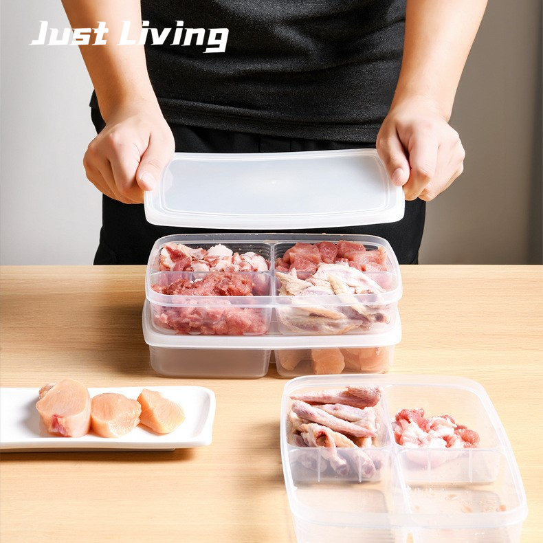 JustLiving Hộp Sắp Xếp Tủ Lạnh 4 Ngăn Trong Suốt Hộp Đựng Có Nắp Hộp Đựng Bảo Quản Giữ Tươi Cho Tủ Lạnh Có Thể Xếp Chồng Bằng PP Cấp Thực Phẩm Hộp Phục Vụ Hành Gừng Và Tỏi Đĩa Thịt Đông Lạnh