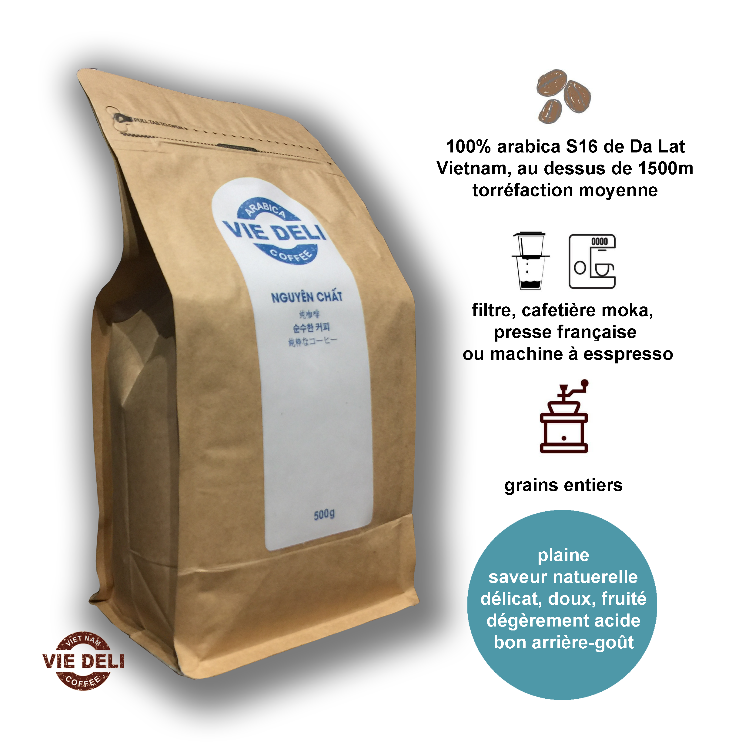 Cà phê hạt Arabica Viedeli, túi 500g