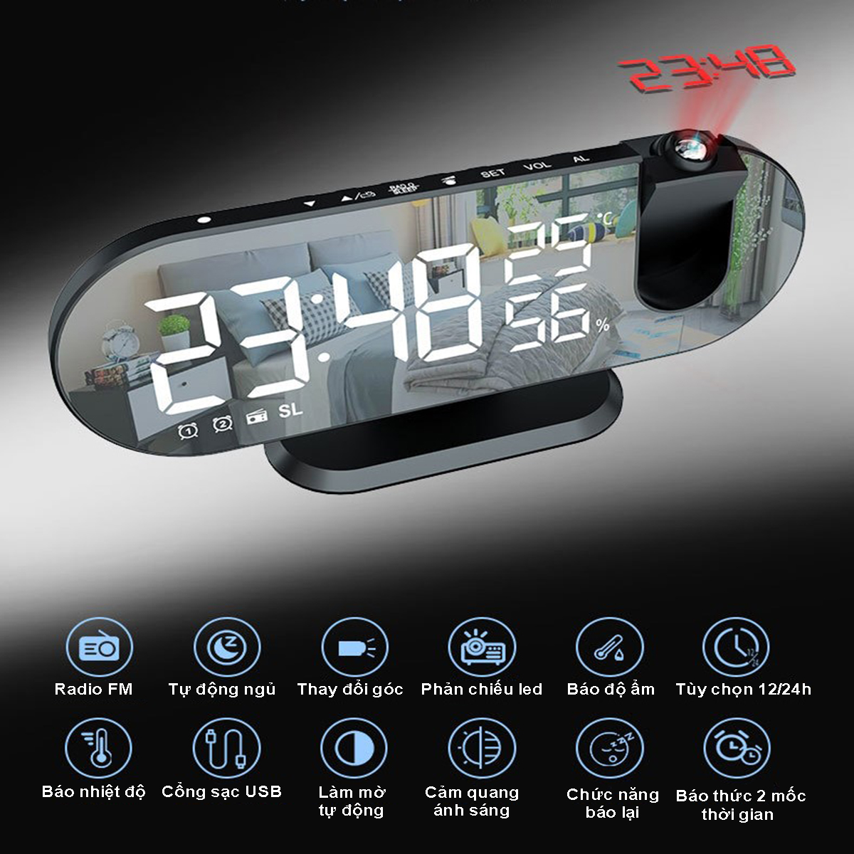 LED wall luminous digital alarm clock temperature humidity alarm, battery charger, FM radio
