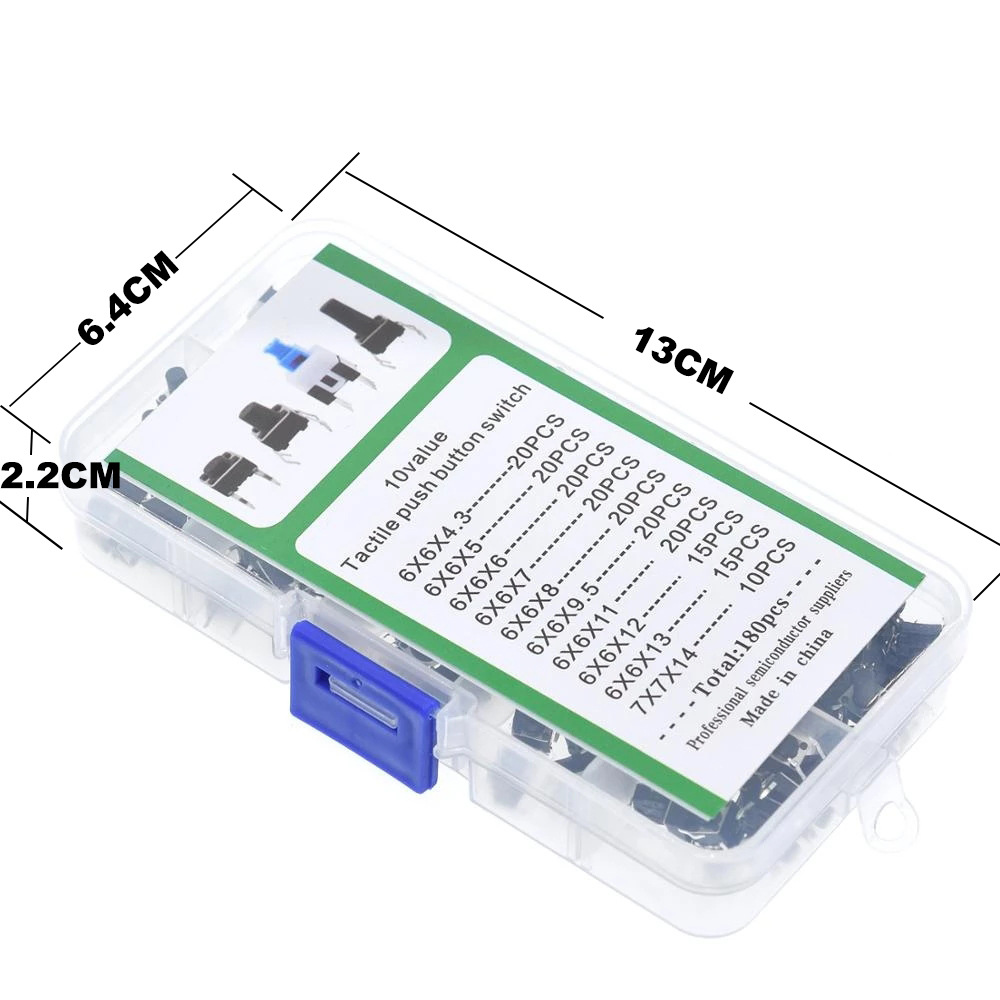 pcbfun Tactile Push Button Switch Micro Momentary Tact Assortment Kit 180 pcs 6mm Micro Switches with Storage Case