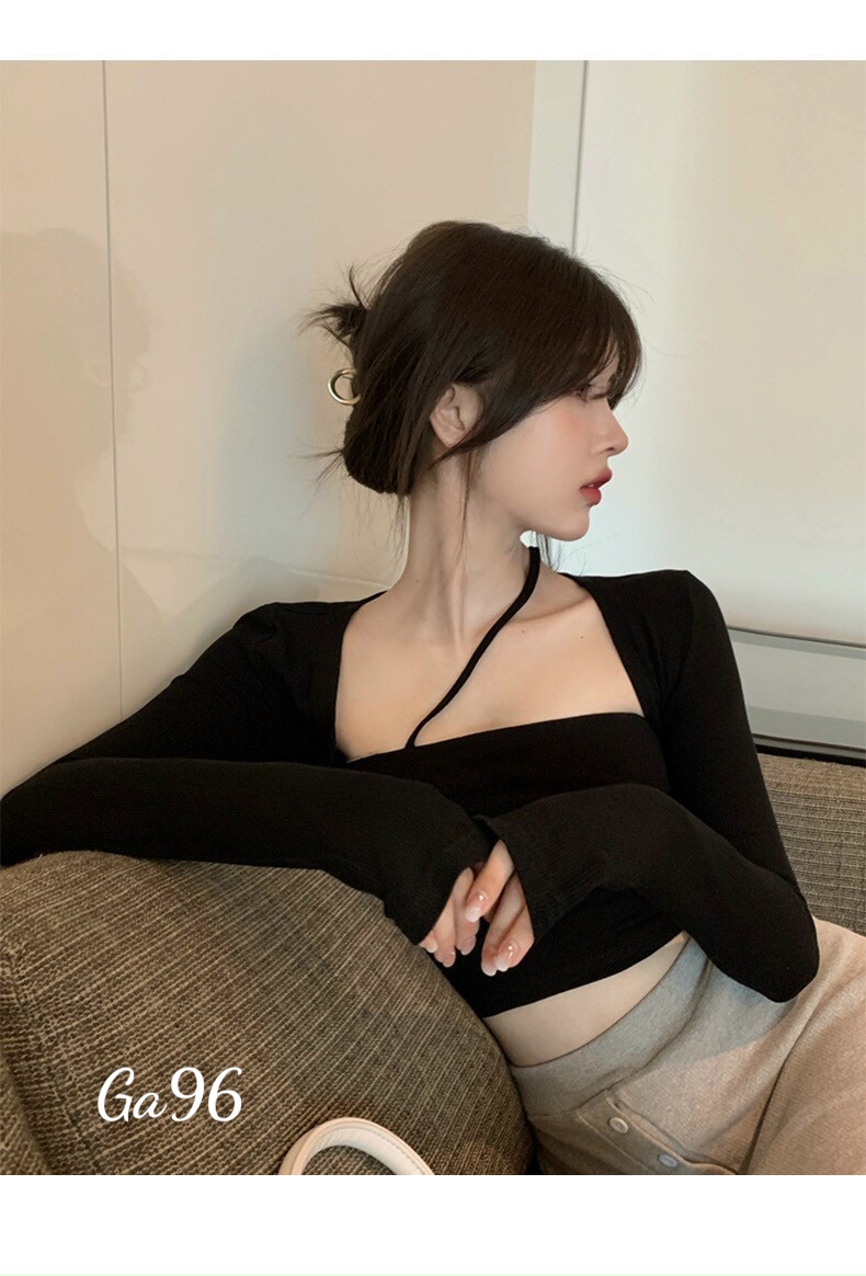 Áo kiểu nữ cổ vuông phối 1 dây ngực chéo phong cách quyến rũ thun lụa Ga96