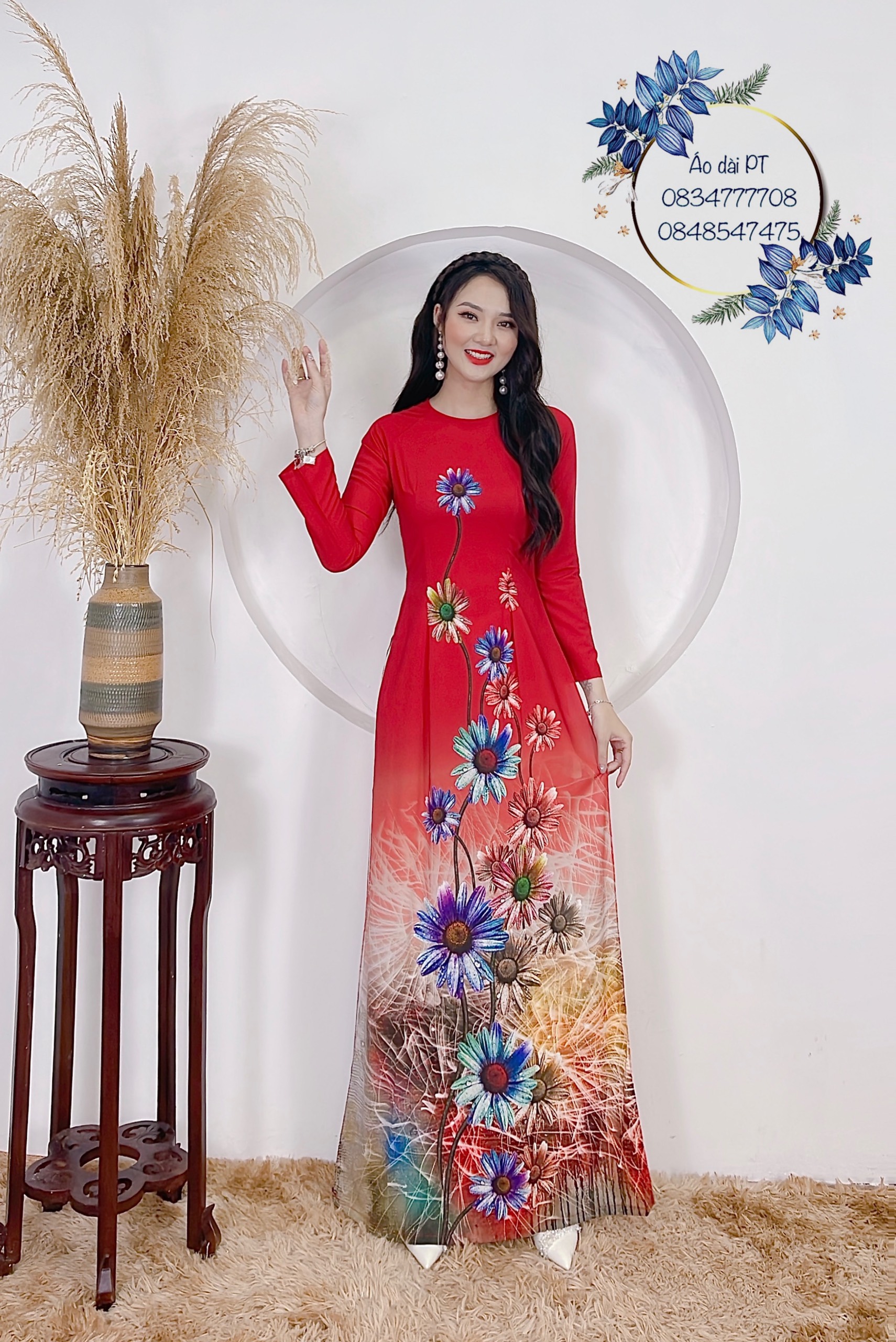 Áo dài truyền thống nữ hoa lụa đẹp may sẵn in 3d