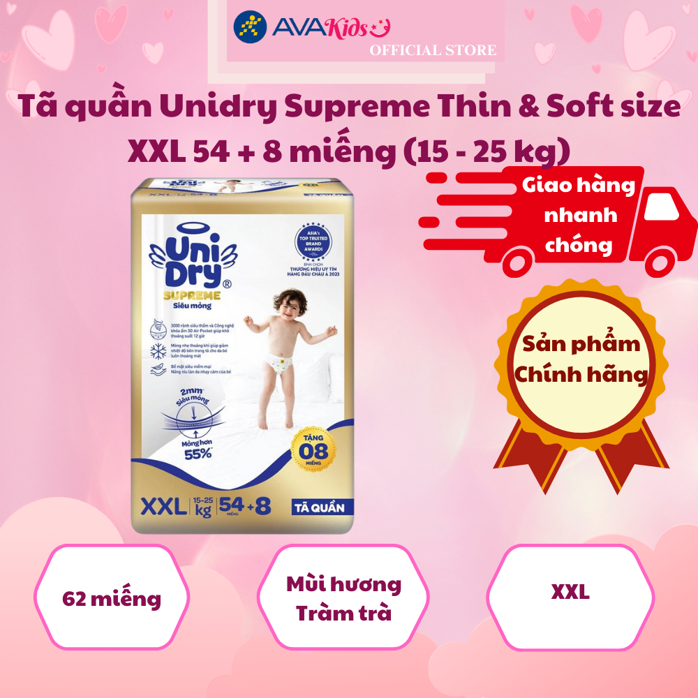 Tã quần Unidry Supreme Thin & Soft size XXL 54 + 8 miếng (15 - 25 kg)
