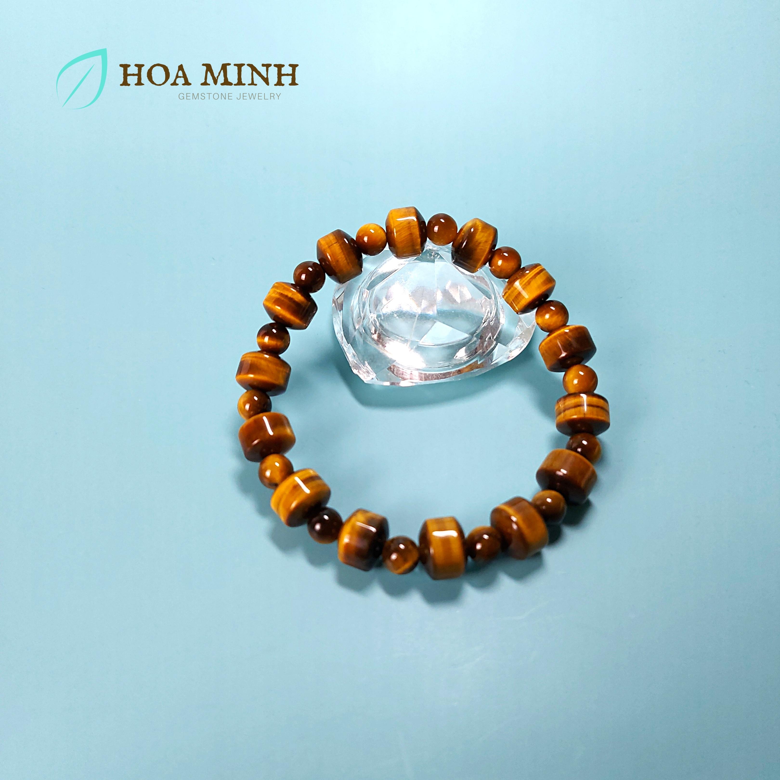 Vòng tay Mắt Hổ vàng nâu hình trụ tròn 10 li, phối xen kẽ mắt hổ viên tròn Tài Lộc Thịnh Vượng | Hoa Minh Gem