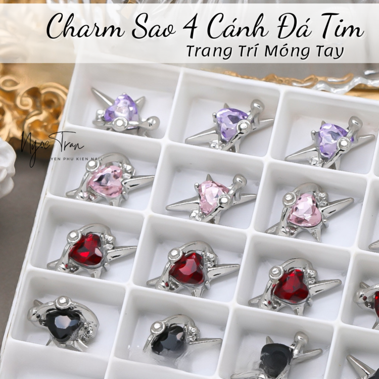 Charm Bạc Sao 4 Cánh Đá Tim Trang Trí Móng Tay AB