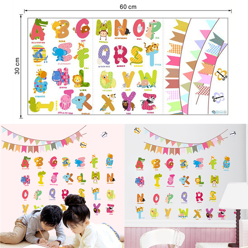 Cartoon Lettering Stickers Cartoon Animal Alphabet Wall Stickers Removable Baby Nursery Decals ...