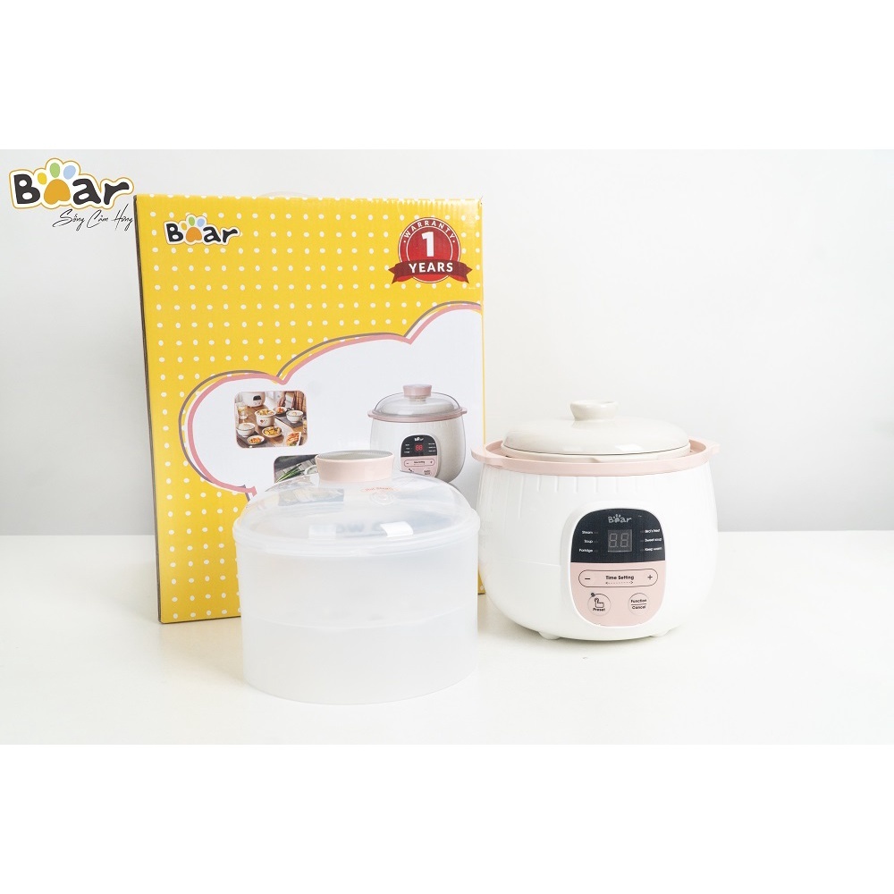 Nồi nấu cháo chậm Bear 0,8L bản tiếng Việt có lồng hấp