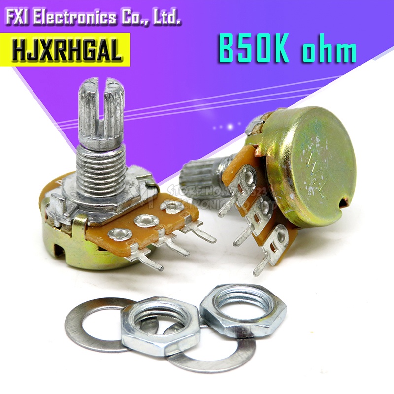 5pcs 50k ohm wh148 b50k 3pin potentiometer 15mm shaft with nuts and washers hot integrated circuit