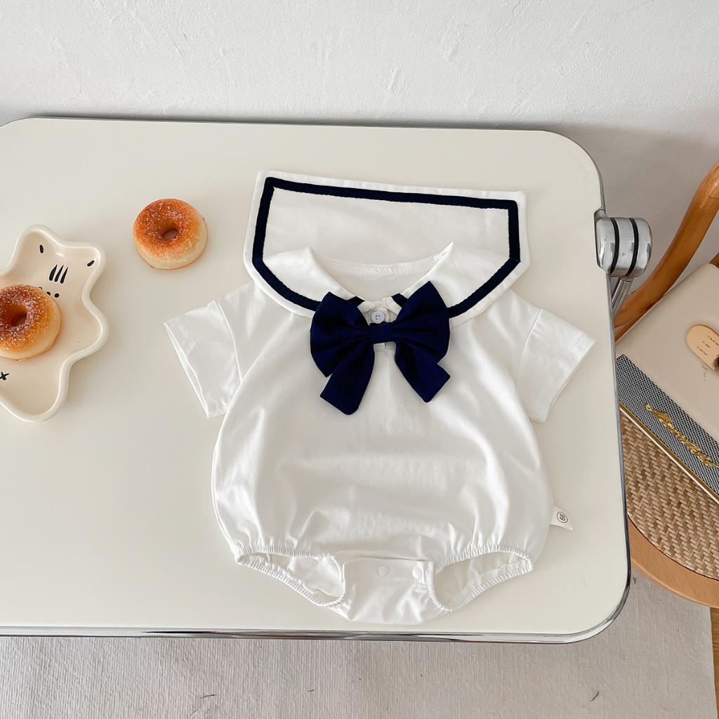 Spring Summer Baby Romper Cute Navy + Bow Short Sleeved Baby Girl Jumpsuit 0-24 Months