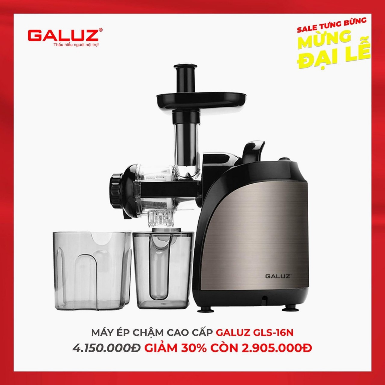 Máy ép trái cây chậm cao cấp Galuz GLS-16N, Máy ép chậm trục ngang thương hiệu Pháp, ép kiệt bã 99%, tiết kiệm điện bảo hành 18 tháng