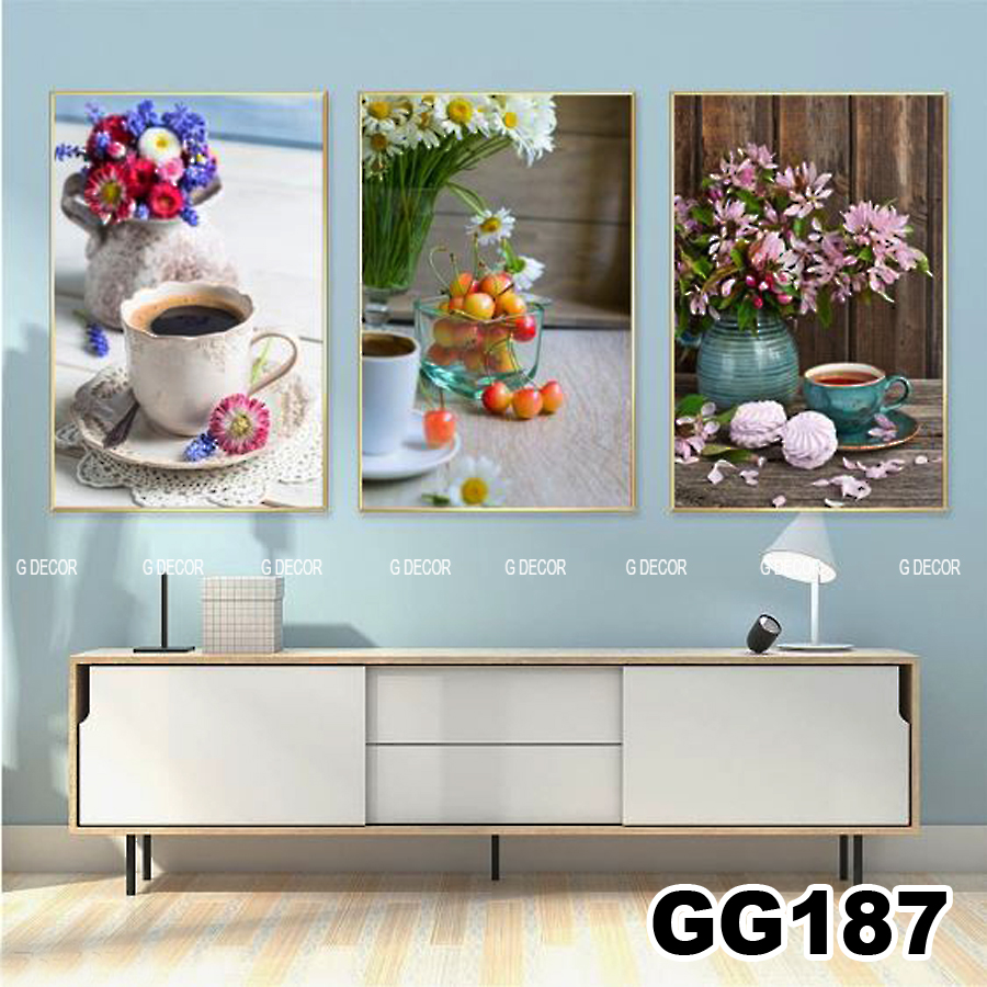 Tranh treo tường canvas 3 bức phong cách Bắc Âu 75, tranh cà phê trang trí phòng khách, phòng ăn, spa, quán cà phê