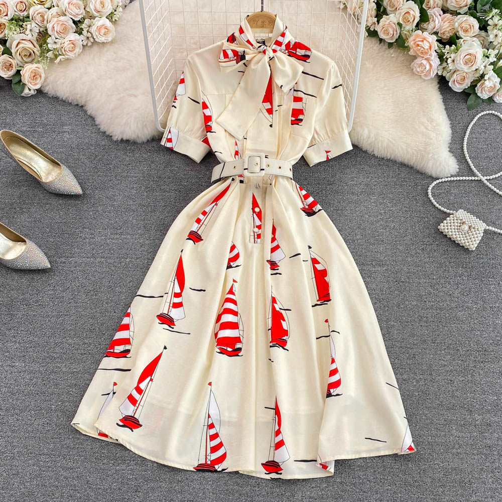 Women Vintage Stand Neck Bow High Waist Print A-line Dress Summer Fashion Single Breasted Slim Short Sleeve Elegant Pleated Midi Dresses