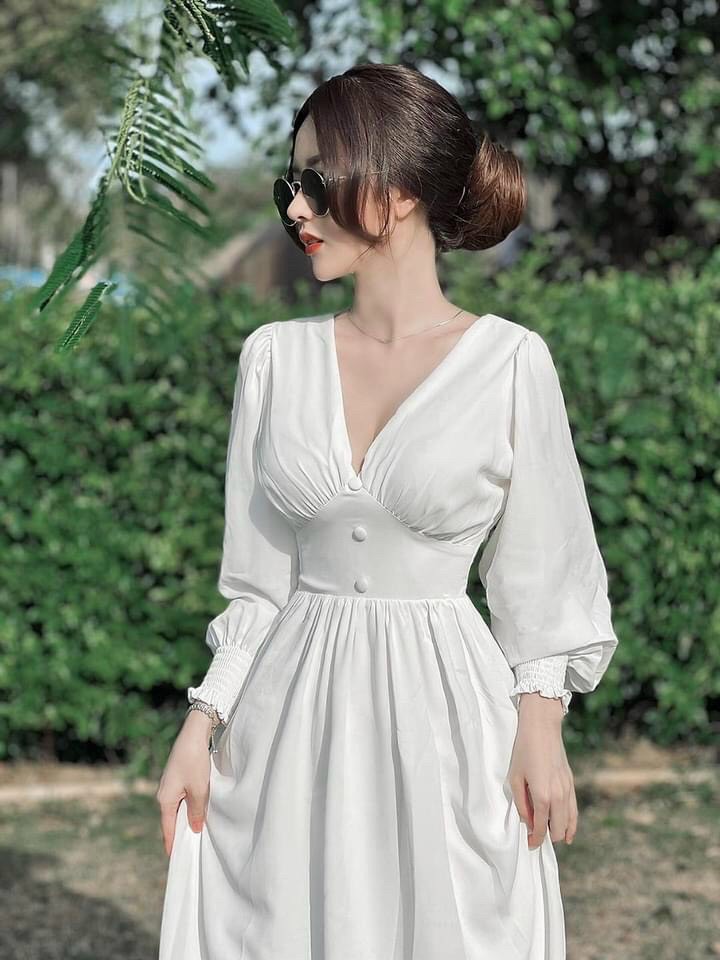 Đầm maxi nữ chất vải lụa có mút đi biển, đầm nữ đi tiệc dáng váy dài, đầm tiểu thư tay phồng, váy maxi nữ đi tiệc, đầm nữ cổ V đính nút, váy đi tiệc sang chảnh