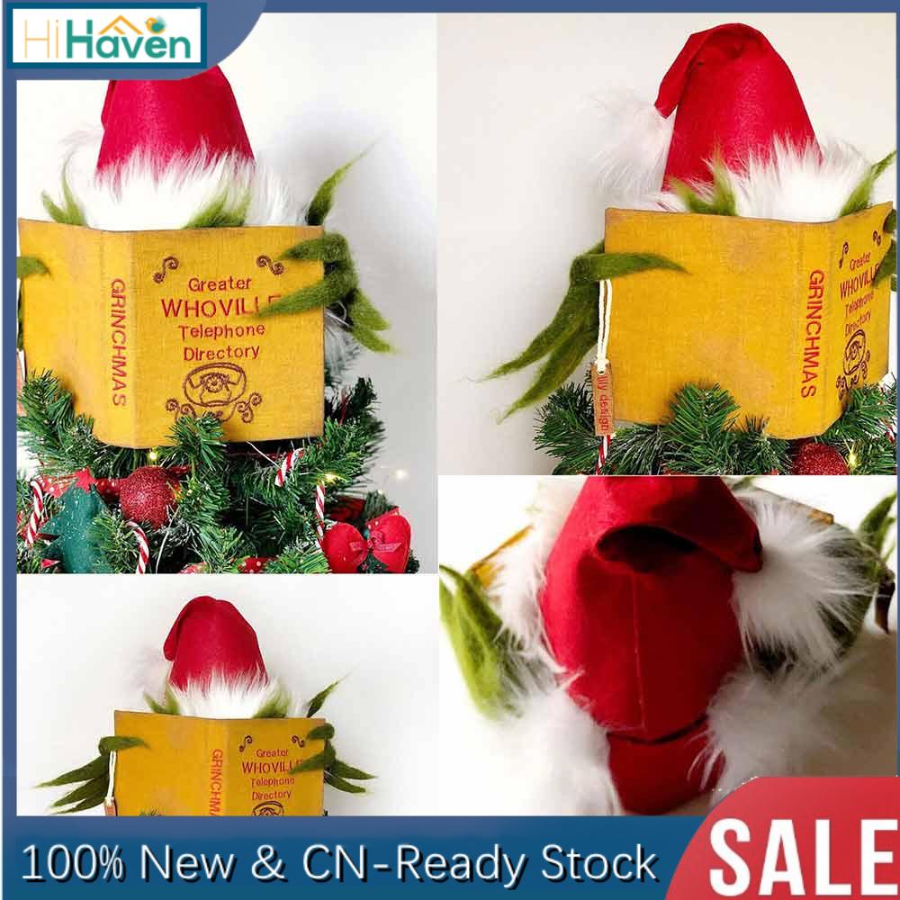 Book and grinch theme elf hat christmas tree topper xmas grinch decoration