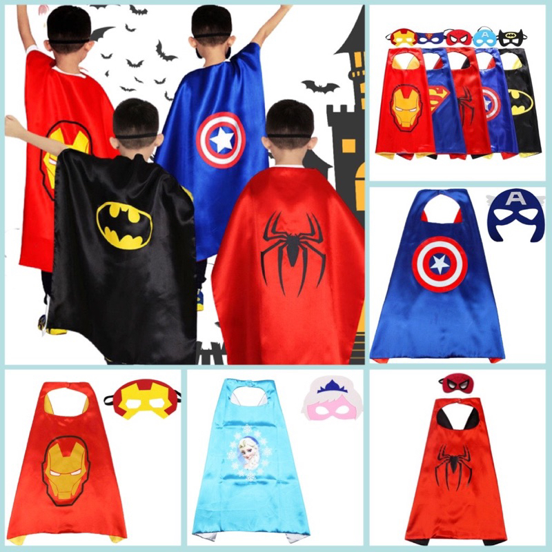 Choàng siêu anh hùng hoá trang halloween kèm mặt nạ/trang phục siêu nhân,người nhện,người dơi,Elsa,Captain,Superman