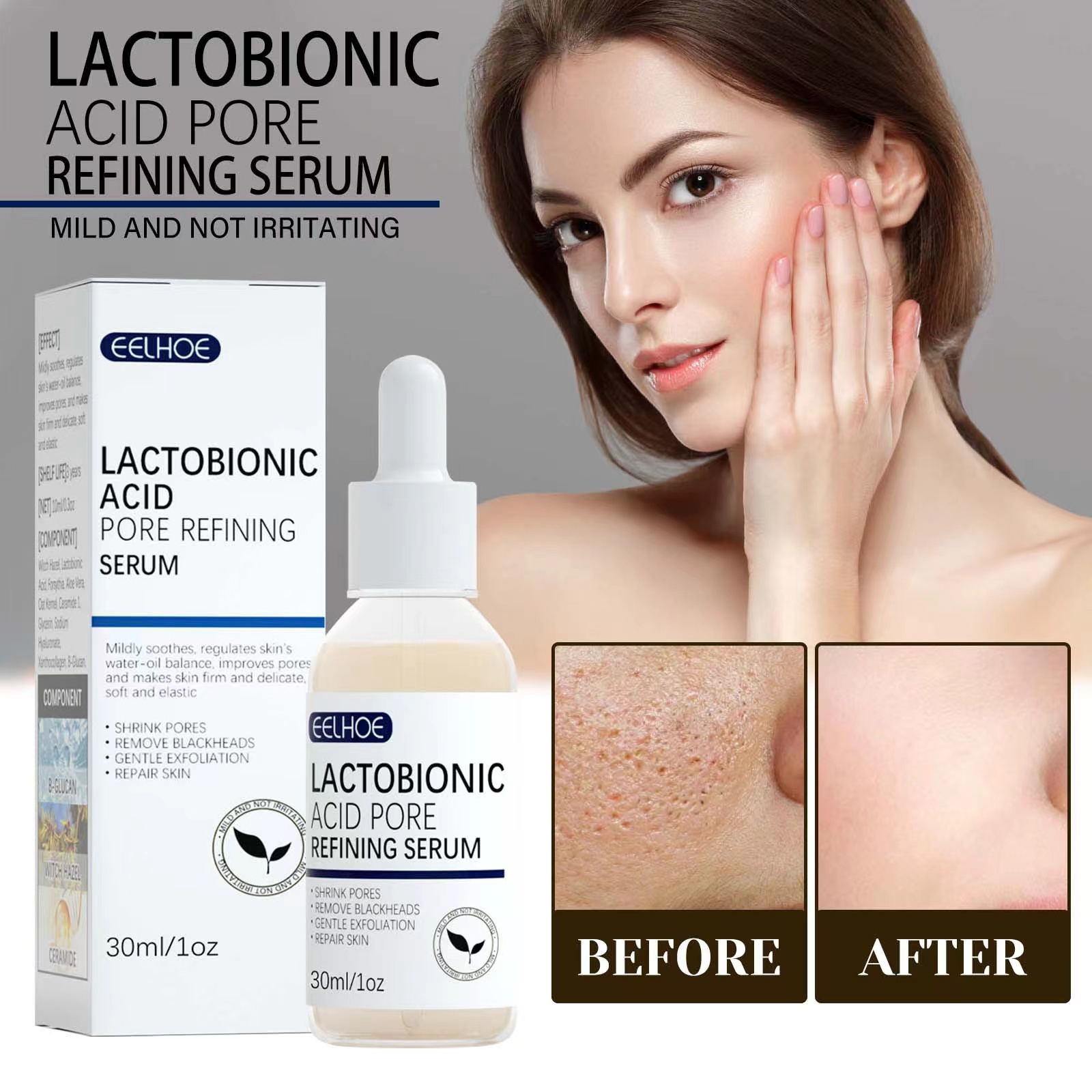 Serum Dưỡng Trắng Chuyên Sâu Giúp Cân Bằng Bã Nhờn Làm Sáng Da Thu Nhỏ Lỗ Chân Lông Ngăn Ngừa Mụn Đầu Đen Lactobionic Acid Serum Pore Refining 30