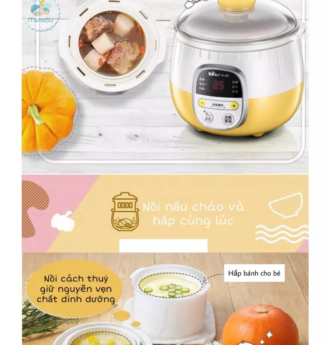 Nồi Nấu Cháo Chậm BEAR 0.8 lít[Hàng Sẵn,Bản Quốc Tế]