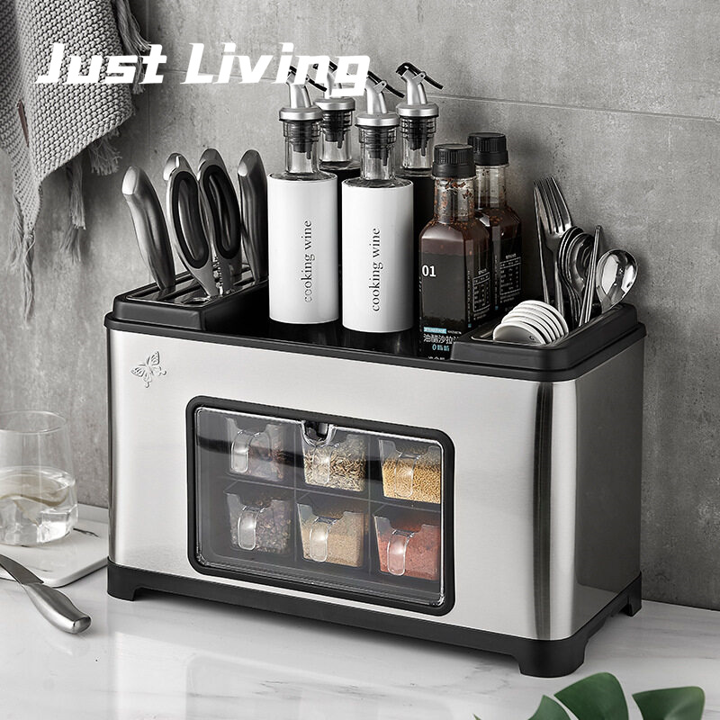 JustLiving Multifunction Kitchen Seasoning Storage Rack Stainless Steel Cutlery Holder Drain Rack Kitchen Supplies Countertop Condiment Bottle Storage Box