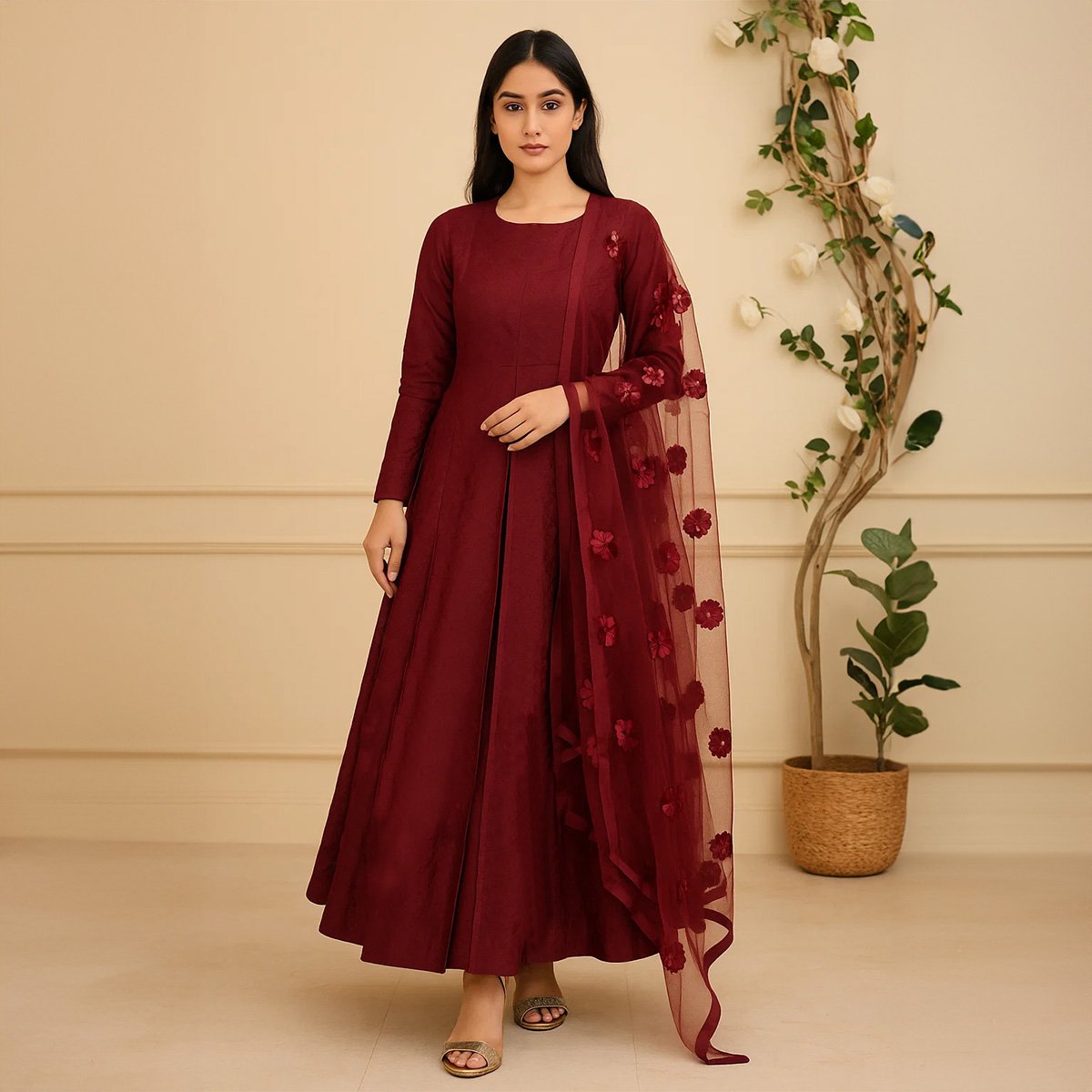 Shah%20Kamal%20Fabrics%20Unstitched%203%20Piece%20Suit-Katan%20Silk%20Plain%20Shirt%20&%20Trouser%20with%20Net%20Dupatta%20For%20Ladies%20-%20Image%202