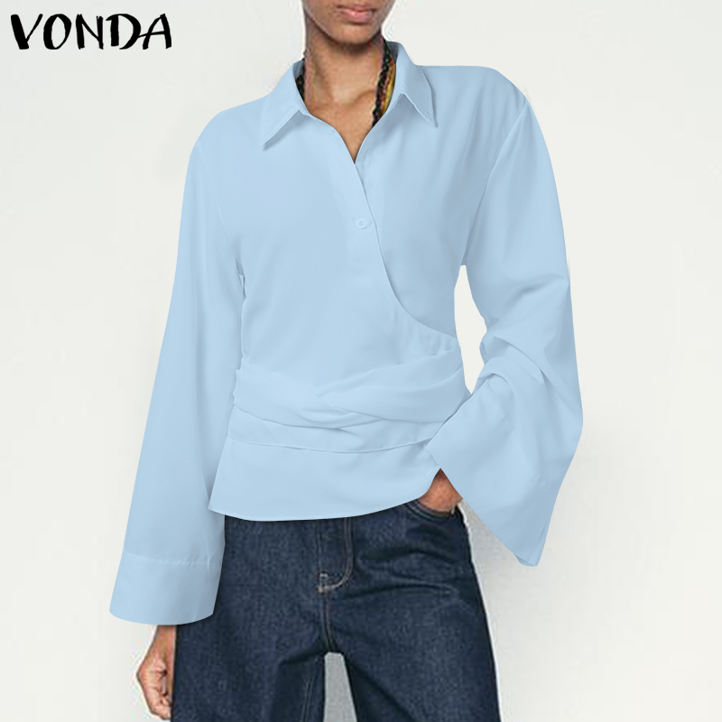 VONDA%20Womens%20Leisure%20Commute%20Lapel%20Bell%20Long%20Sleeve%20Shirts%20Slanted%20Placket%20Solid%20Blouses%20(Korean%20Causal)%20-%20Image%203