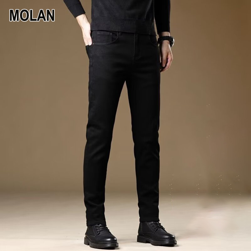 MOLAN Men's black jeans with velvet straight elastic business leisure spring and autumn new denim trousers fashion new youth fashion pants